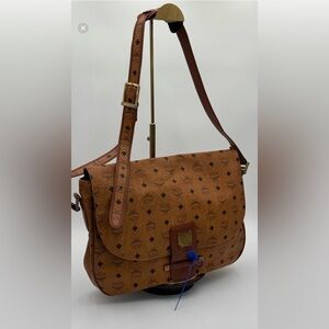 MCM Large Brown Messenger Bag with Leather Finish Gold Hardware
